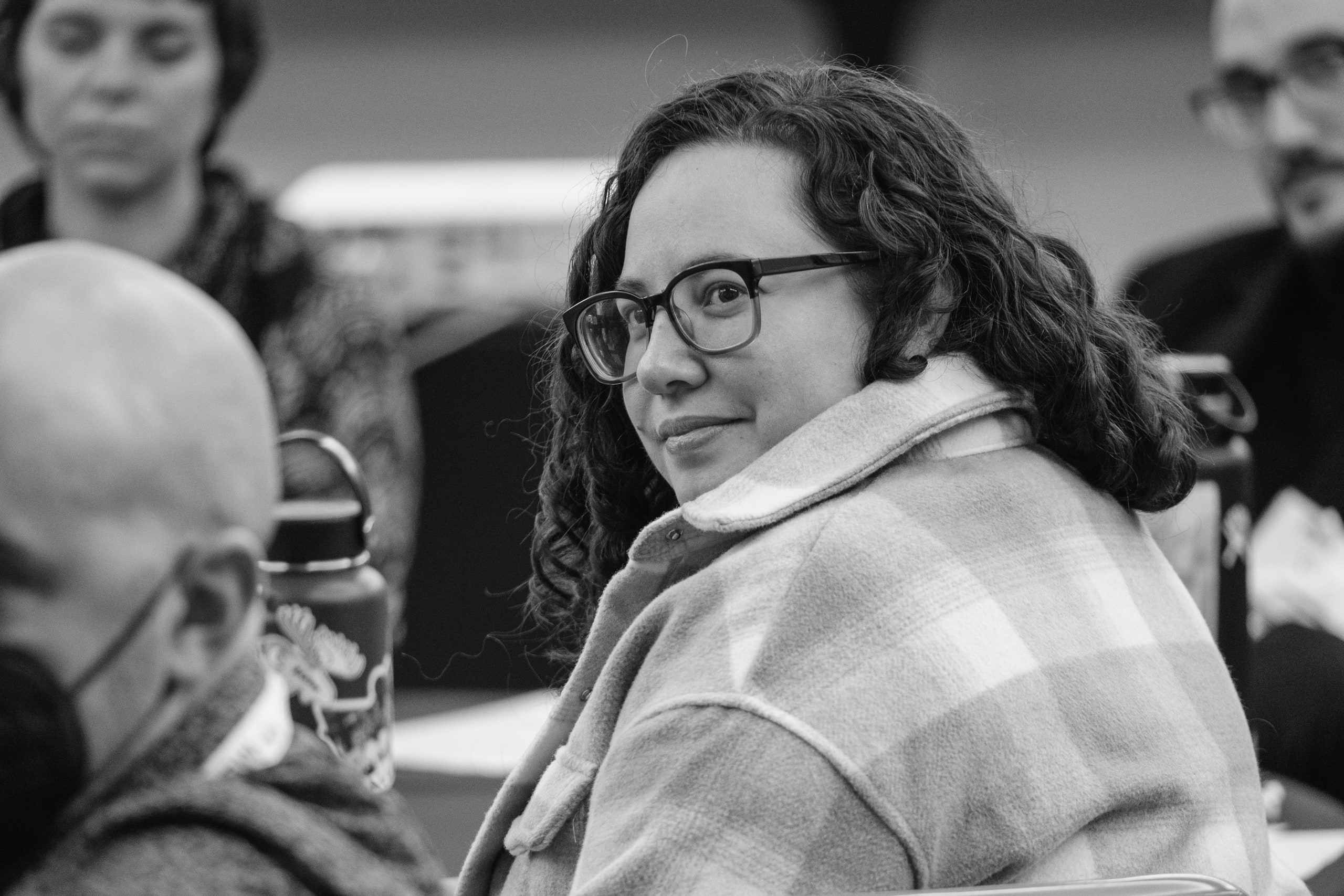 B&w portrait, glasses, found in the room.