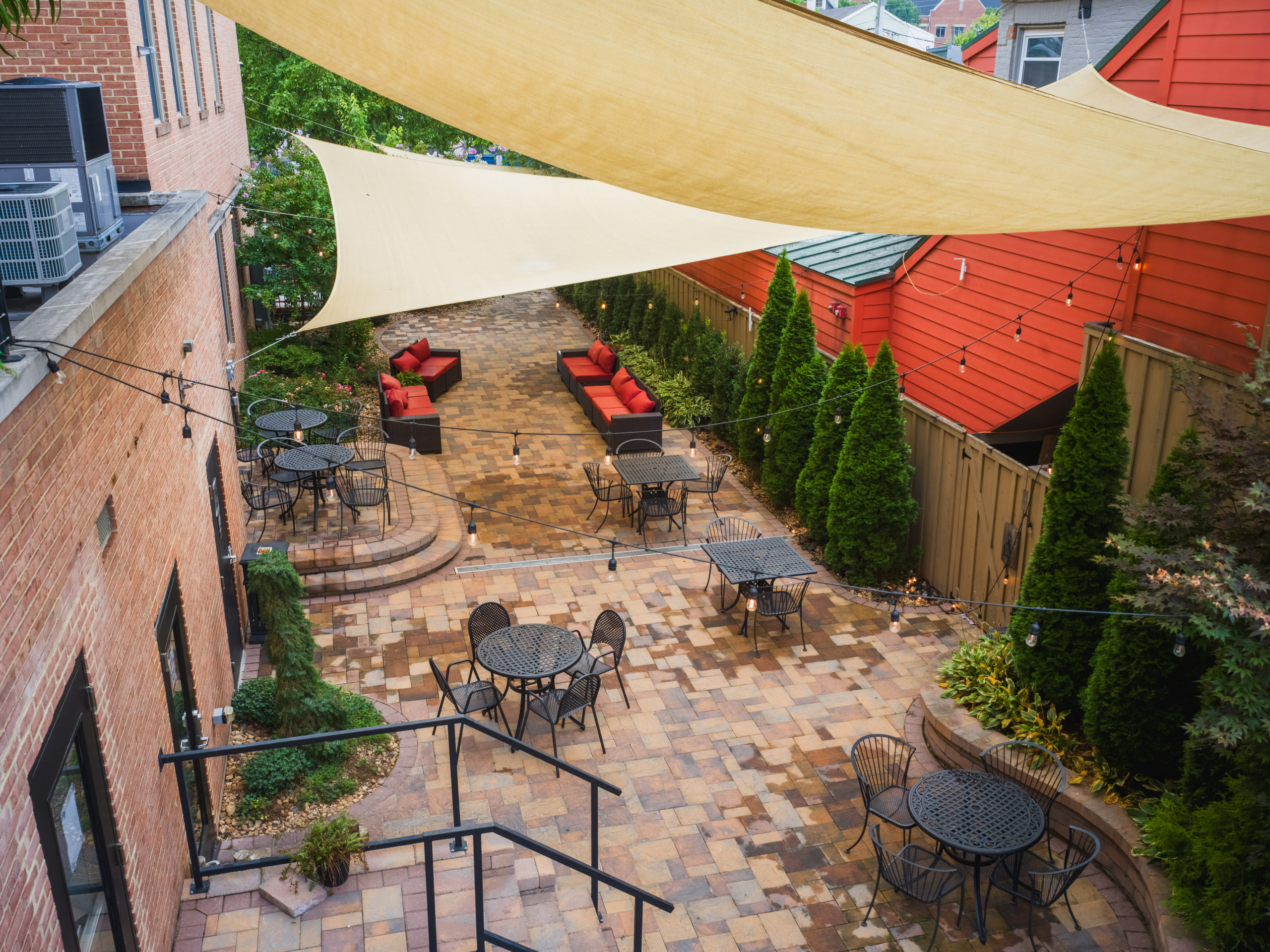 Courtyard under shade sails, color.
