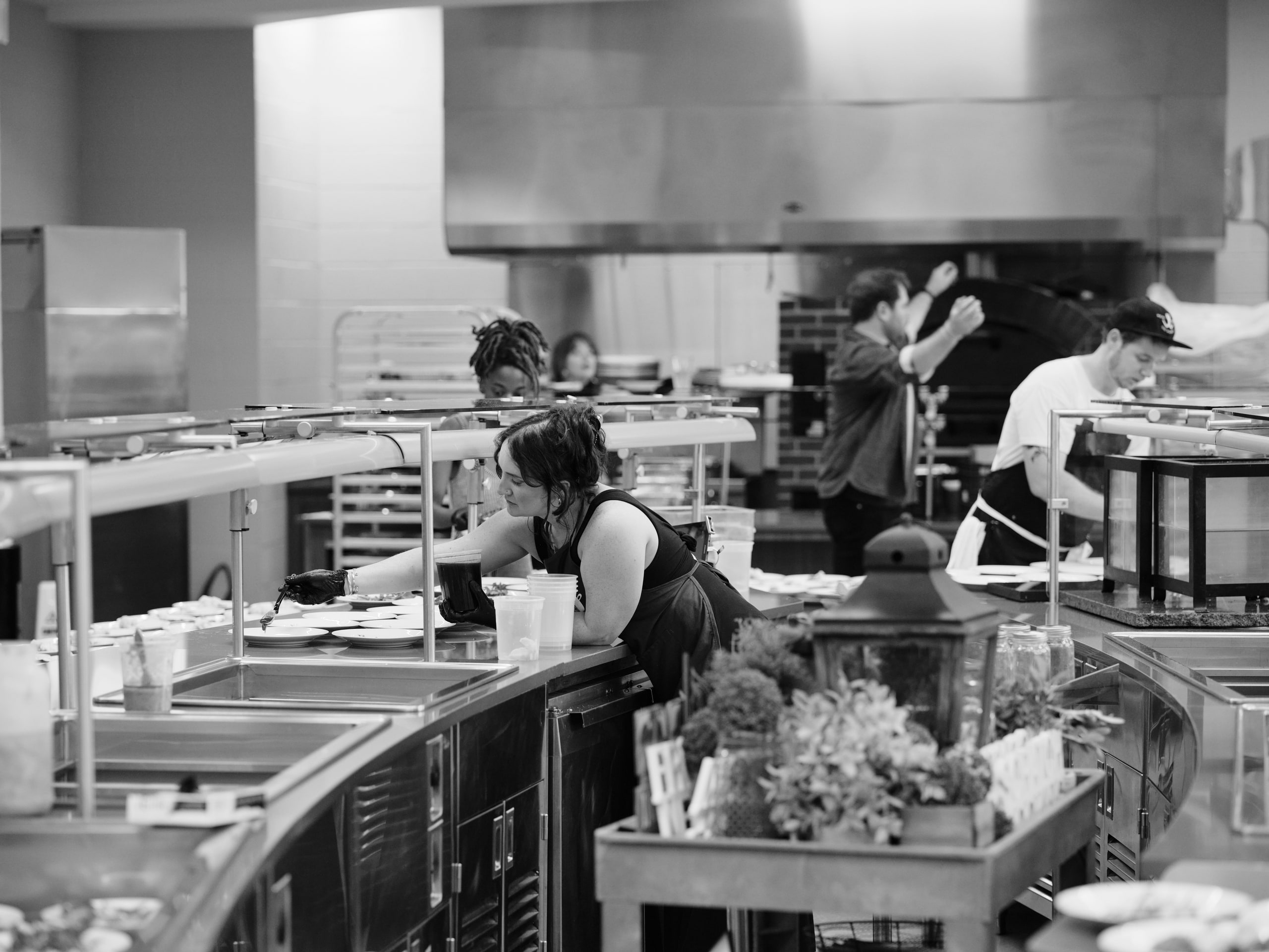 Kitchen wide b&w, the machine behind dinner.