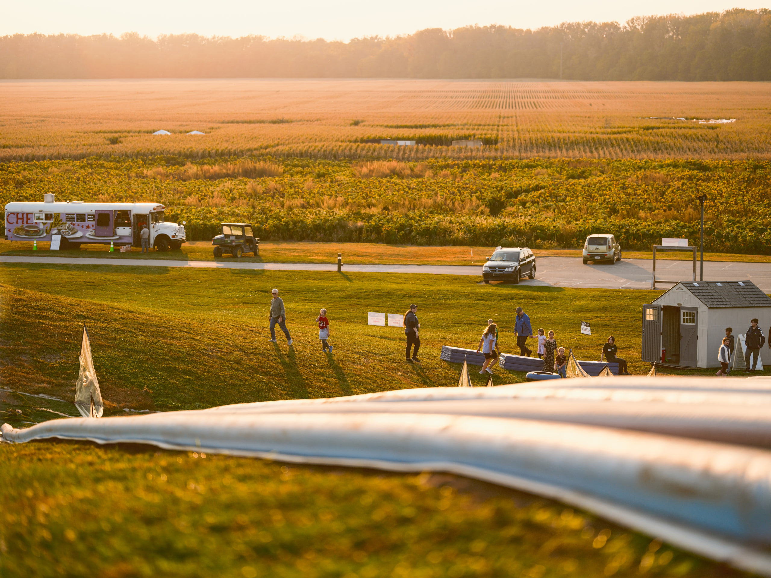 Rolling field at dusk, land as bands.