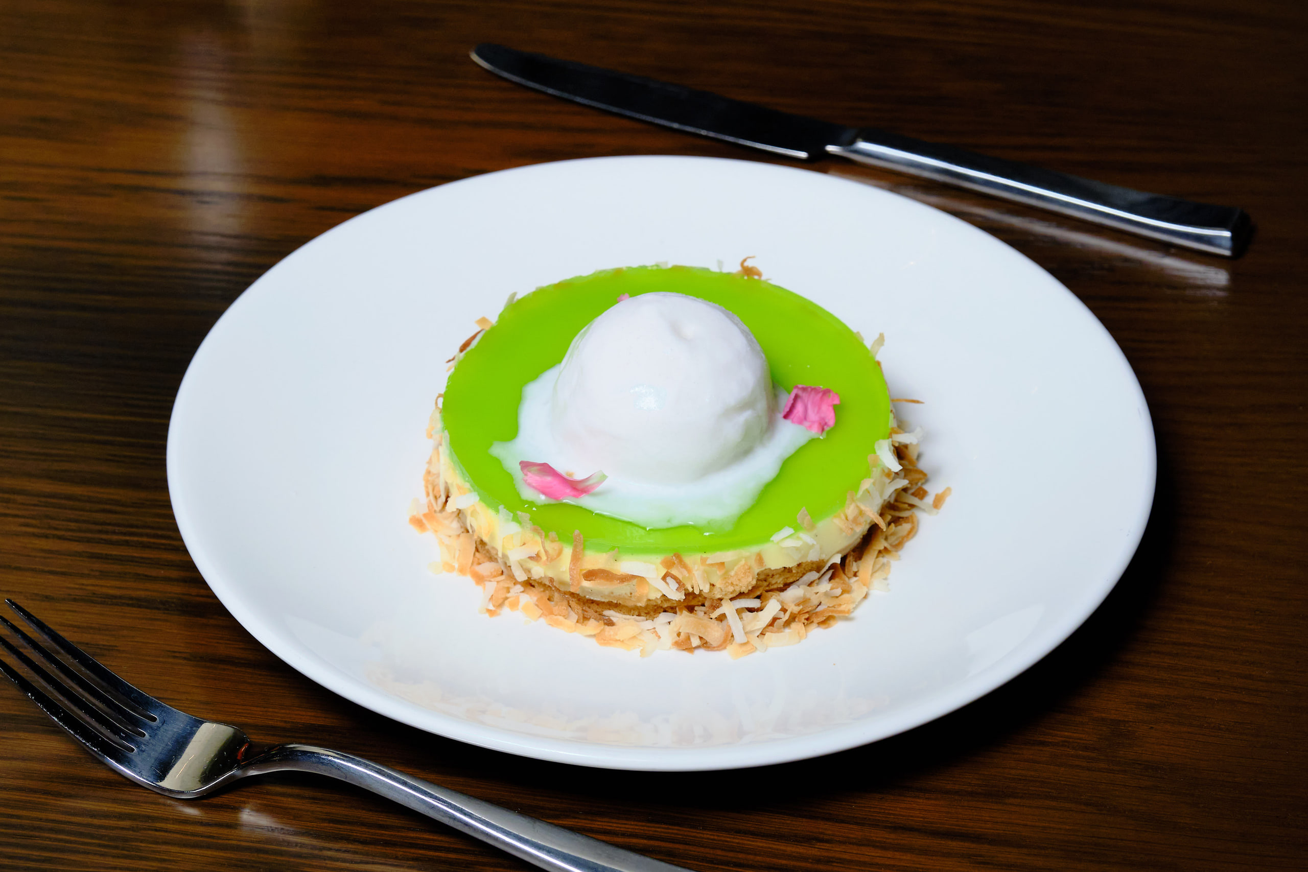 Green disc dessert, graphic circle.