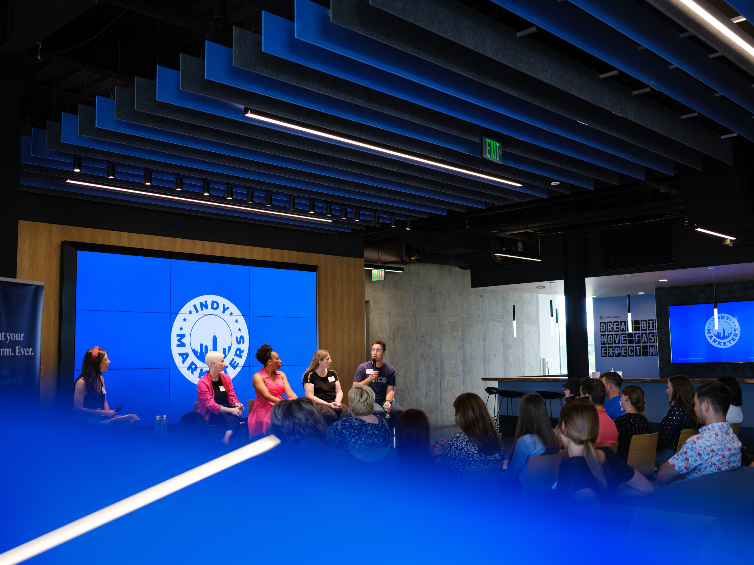 Blue room, a beam of light across it.